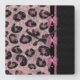 RAB Rockabilly Pink Leopard Print Ribbon Bows Vierkante Klok