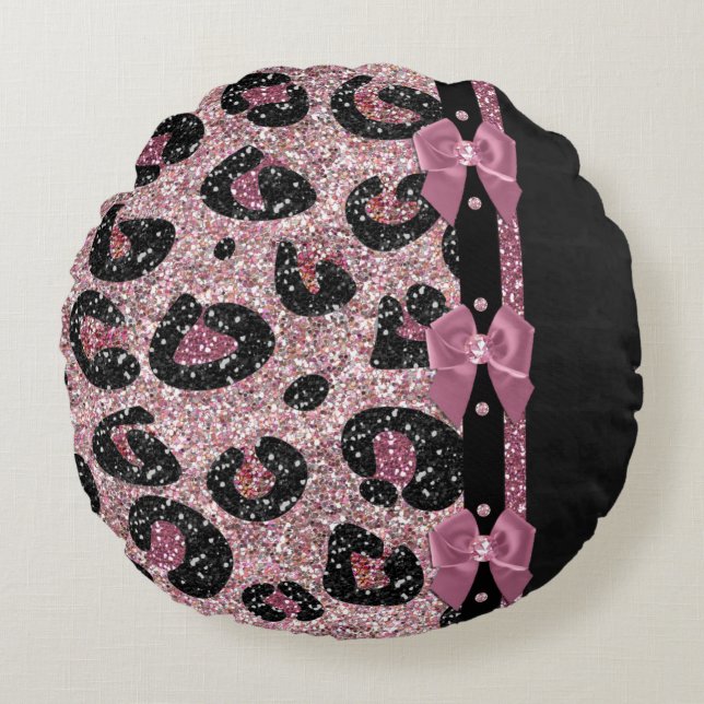 RAB Rockabilly Roze Luipaardprint Lint Bogen Rond Kussen (Voorkant)