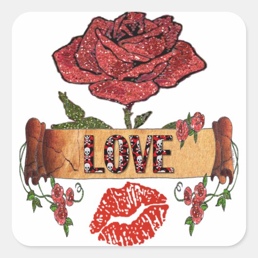 RAB Rockabilly Rozen, Liefde & Lippenstift Vierkante Sticker (Voorkant)