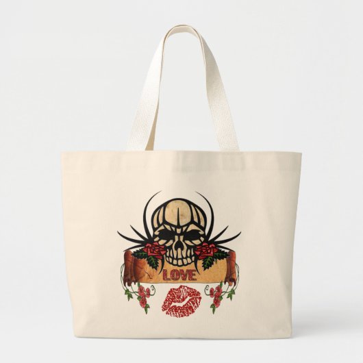 RAB Rockabilly Schedel Rozen Liefde Lippenstift Grote Tote Bag (Voorkant)