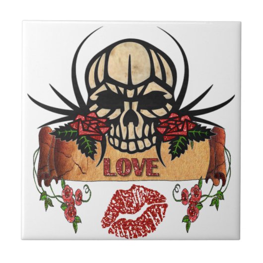 RAB Rockabilly Schedel Rozen Liefde Lippenstift Tegeltje (Voorkant)