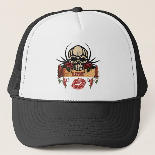 RAB Rockabilly Schedel Rozen Liefde Lippenstift Trucker Pet (Voorkant)