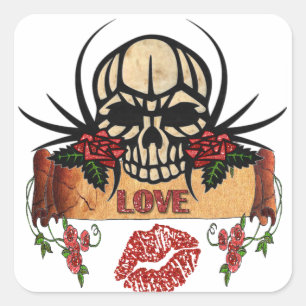 RAB Rockabilly Schedel Rozen Liefde Lippenstift Vierkante Sticker