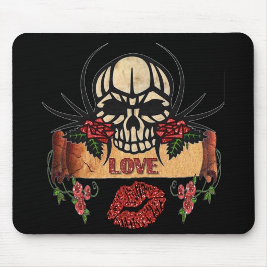 RAB Rockabilly Schedel Rozen Lippenstift Muismat (Voorkant)