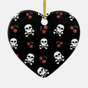 RAB Rockabilly Schedels en Kersen op Zwart Keramisch Ornament