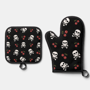 RAB Rockabilly Schedels en Kersen op Zwart Ovenwant & Pannenlap Set