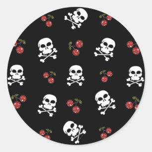 RAB Rockabilly Schedels en Kersen op Zwart Ronde Sticker