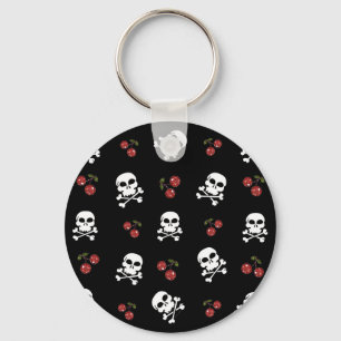RAB Rockabilly Schedels en Kersen op Zwart Sleutelhanger