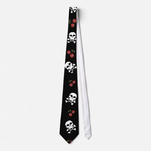 RAB Rockabilly Schedels en Kersen Op Zwart Stropdas (Voorkant)