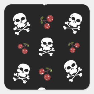 RAB Rockabilly Schedels en Kersen op Zwart Vierkante Sticker