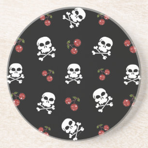 RAB Rockabilly Schedels en Kersen op Zwart Zandsteen Onderzetter