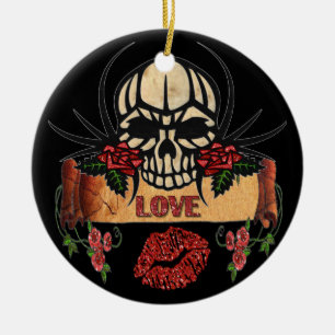 RAB Rockabilly Skull Rozen Love Lipstick Keramisch Ornament