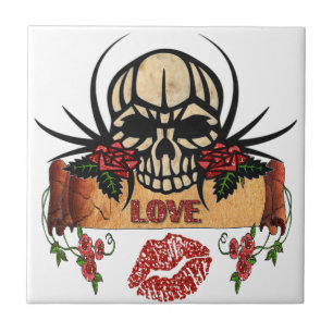 RAB Rockabilly Skull Rozen Love Lipstick Tegeltje
