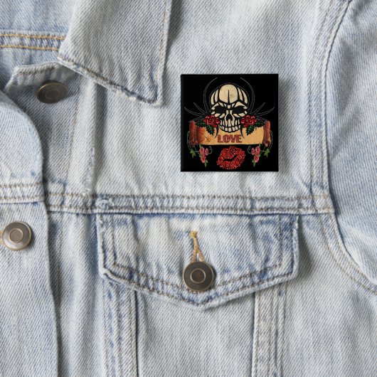 RAB Rockabilly Skull Rozen Love Lipstick Vierkante Button 5,1 Cm (In situ)