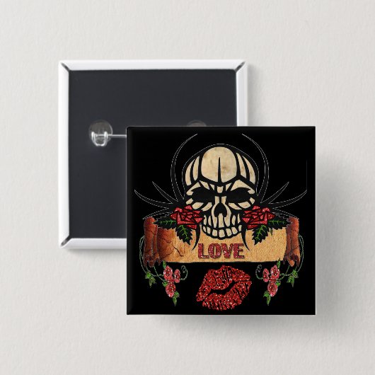 RAB Rockabilly Skull Rozen Love Lipstick Vierkante Button 5,1 Cm (Voorkant /achterkant)