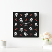 RAB Rockabilly Skulls and Cherries on Black Vierkante Klok (Huis)