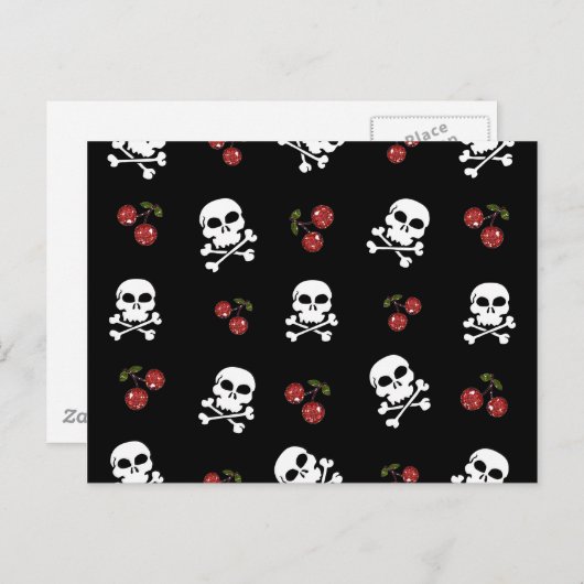 RAB Rockabilly Skulls en Cherries op zwart Briefkaart (Voorkant / Achterkant)