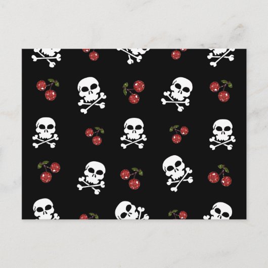 RAB Rockabilly Skulls en Cherries op zwart Briefkaart (Voorkant)
