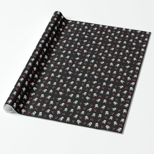 RAB Rockabilly Skulls en Cherries op zwart Cadeaupapier (Uitgerold)