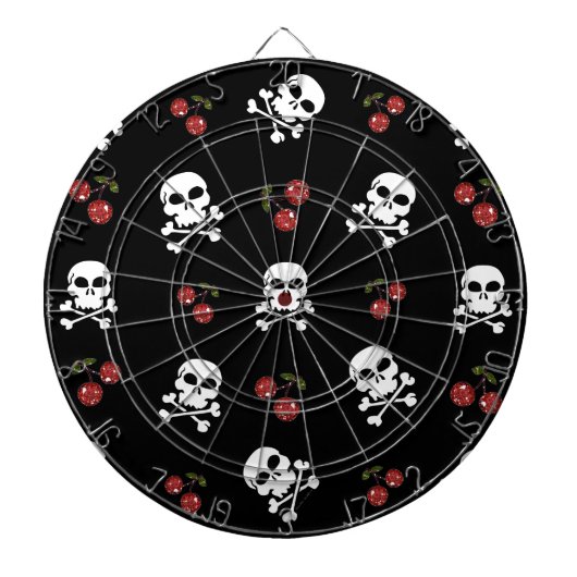 RAB Rockabilly Skulls en Cherries op zwart Dartbord (Voorkant)