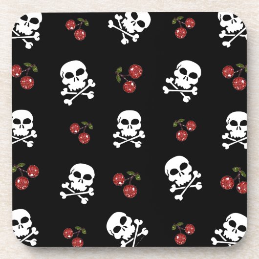 RAB Rockabilly Skulls en Cherries op zwart Drankjes Onderzetter (Voorkant)
