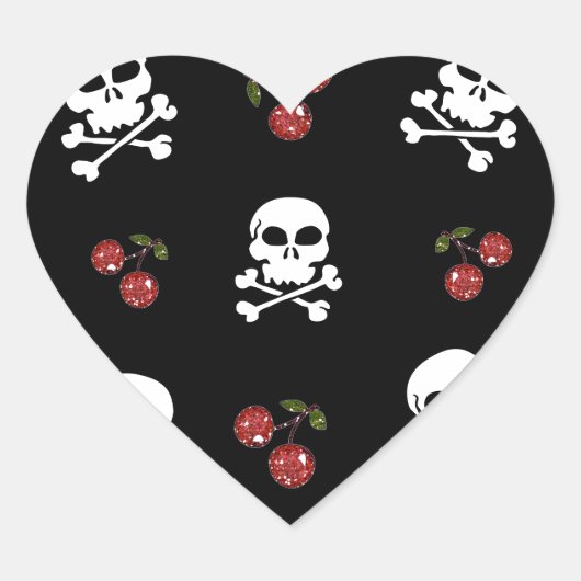RAB Rockabilly Skulls en Cherries op zwart Hart Sticker (Voorkant)