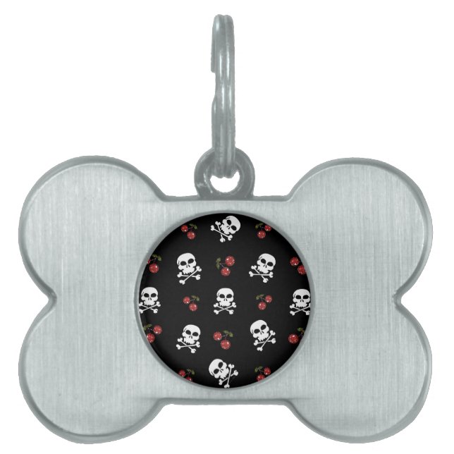 RAB Rockabilly Skulls en Cherries op zwart Huisdieren Naamplaatje (voorkant)