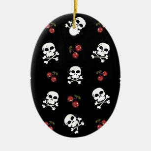 RAB Rockabilly Skulls en Cherries op zwart Keramisch Ornament
