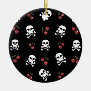 RAB Rockabilly Skulls en Cherries op zwart Keramisch Ornament