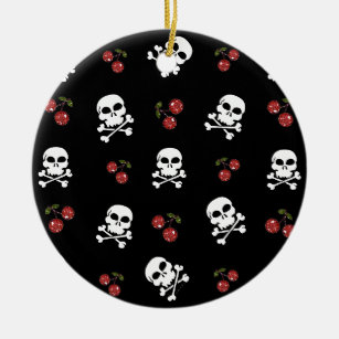 RAB Rockabilly Skulls en Cherries op zwart Keramisch Ornament