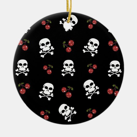 RAB Rockabilly Skulls en Cherries op zwart Keramisch Ornament (Voorkant)
