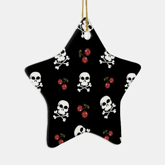 RAB Rockabilly Skulls en Cherries op zwart Keramisch Ornament (Rechts)