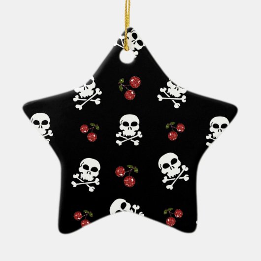 RAB Rockabilly Skulls en Cherries op zwart Keramisch Ornament (Voorkant)
