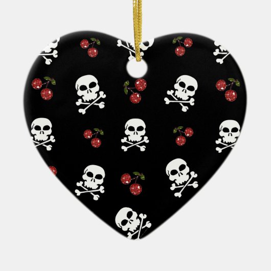 RAB Rockabilly Skulls en Cherries op zwart Keramisch Ornament (Voorkant)