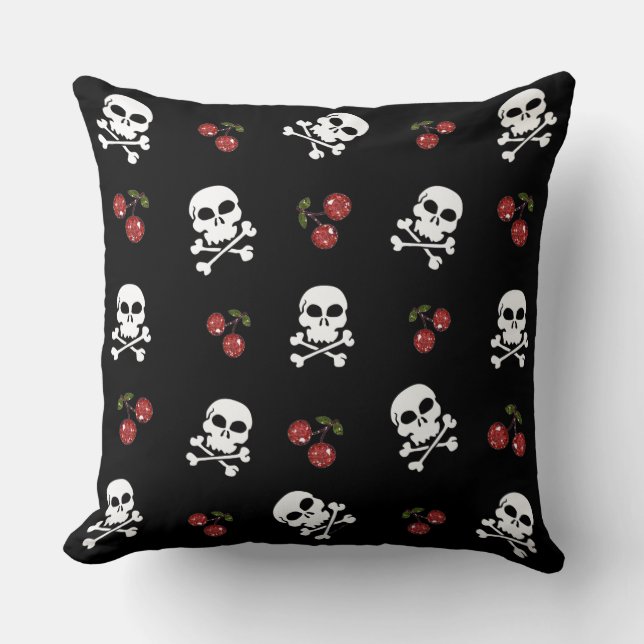 RAB Rockabilly Skulls en Cherries op zwart Kussen (Voorkant)