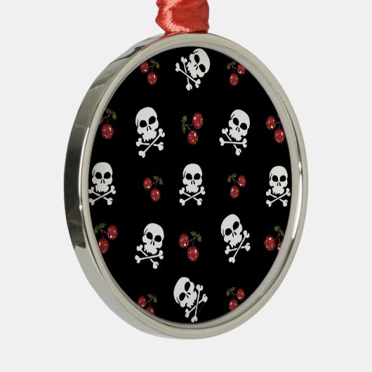 RAB Rockabilly Skulls en Cherries op zwart Metalen Ornament (Rechts)