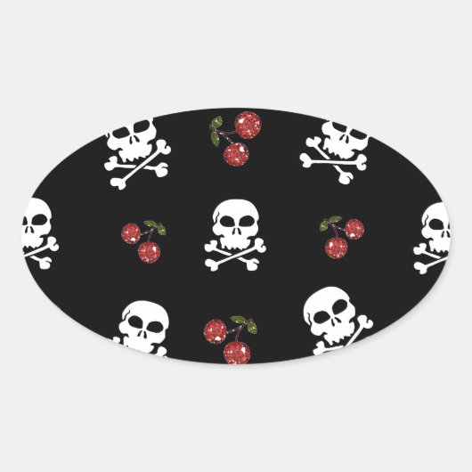 RAB Rockabilly Skulls en Cherries op zwart Ovale Sticker (Voorkant)