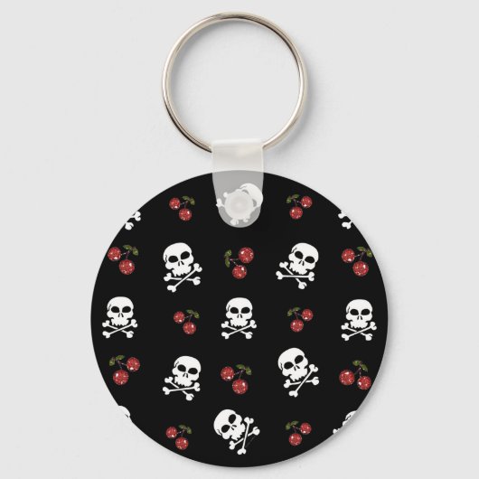 RAB Rockabilly Skulls en Cherries op zwart Sleutelhanger (Voorkant)