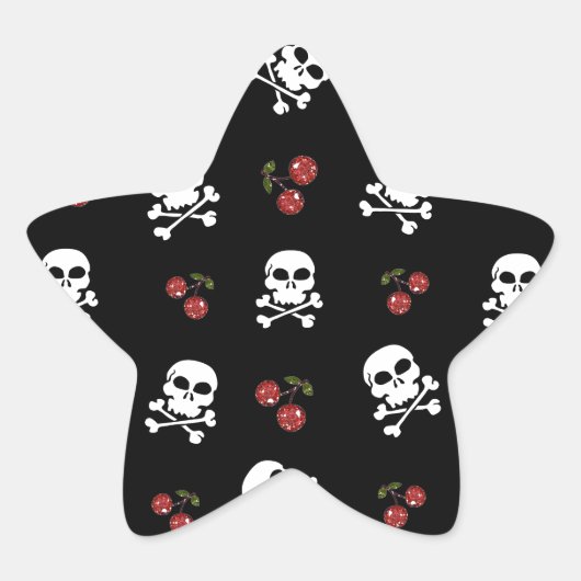 RAB Rockabilly Skulls en Cherries op zwart Ster Sticker (Voorkant)