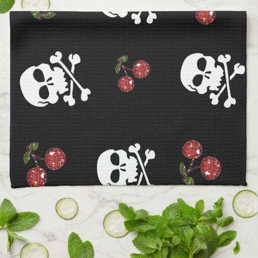 RAB Rockabilly Skulls en Cherries op zwart Theedoek (Gevouwen)