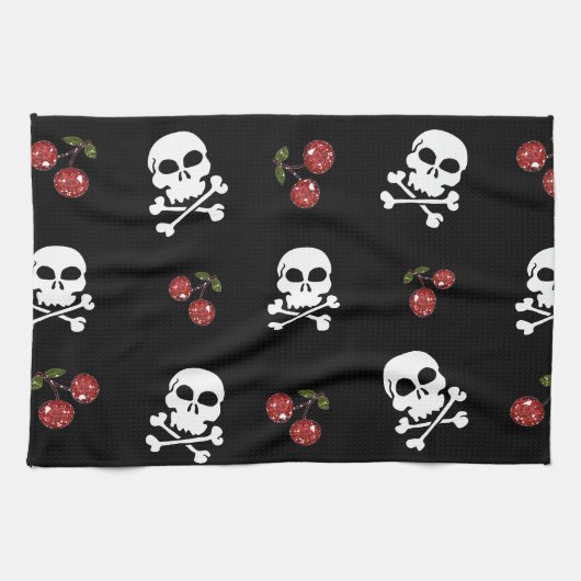 RAB Rockabilly Skulls en Cherries op zwart Theedoek (Horizontaal)