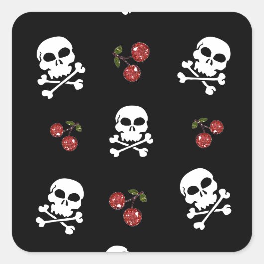 RAB Rockabilly Skulls en Cherries op zwart Vierkante Sticker (Voorkant)