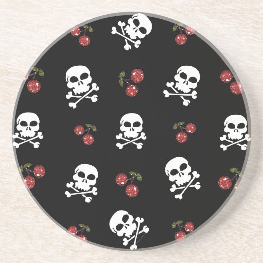 RAB Rockabilly Skulls en Cherries op zwart Zandsteen Onderzetter (Voorkant)
