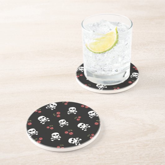RAB Rockabilly Skulls en Cherries op zwart Zandsteen Onderzetter (Zijkant)
