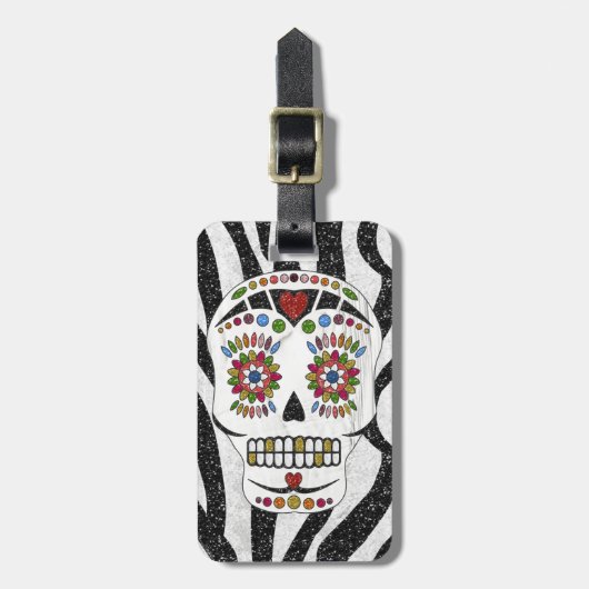 RAB Rockabilly Sugar Skull op Zebra Print Bagagelabel (Voorkant verticaal)