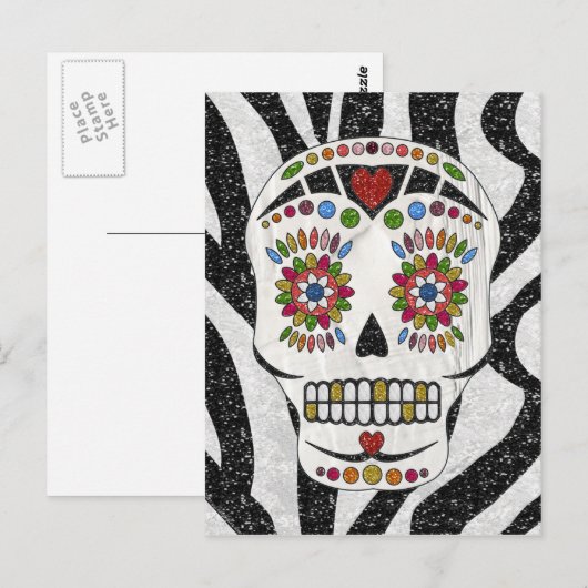 RAB Rockabilly Sugar Skull op Zebra Print Briefkaart (Voorkant / Achterkant)