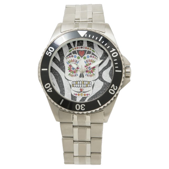 RAB Rockabilly Sugar Skull op Zebra Print Horloge (Voorkant)