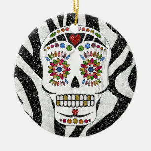 RAB Rockabilly Sugar Skull op Zebra Print Keramisch Ornament