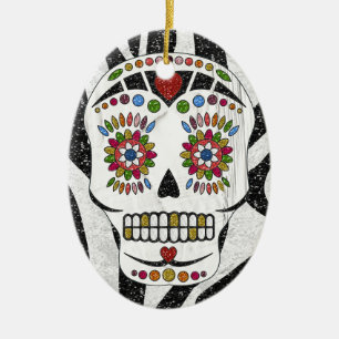 RAB Rockabilly Sugar Skull op Zebra Print Keramisch Ornament