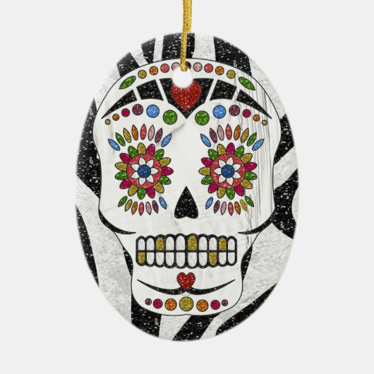 RAB Rockabilly Sugar Skull op Zebra Print Keramisch Ornament (Voorkant)